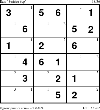 The grouppuzzles.com Easy Sudoku-6up puzzle for Tuesday February 13, 2024 with the first 3 steps marked