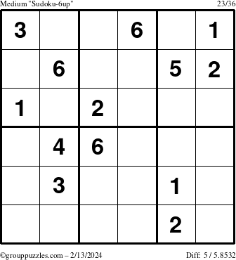 The grouppuzzles.com Medium Sudoku-6up puzzle for Tuesday February 13, 2024