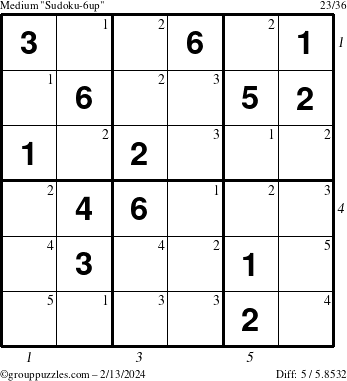 The grouppuzzles.com Medium Sudoku-6up puzzle for Tuesday February 13, 2024 with all 5 steps marked