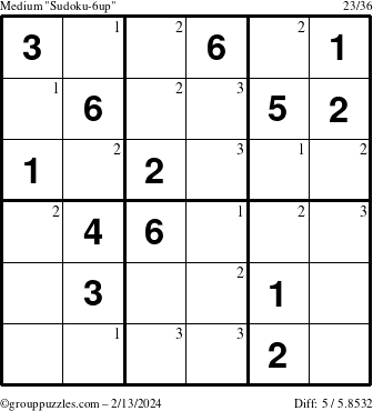The grouppuzzles.com Medium Sudoku-6up puzzle for Tuesday February 13, 2024 with the first 3 steps marked