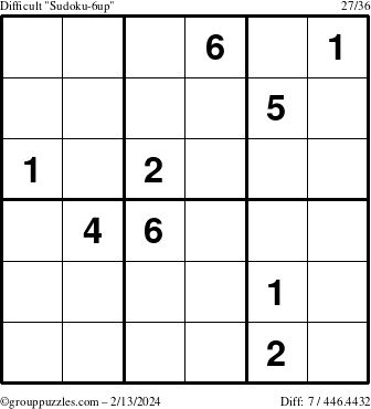 The grouppuzzles.com Difficult Sudoku-6up puzzle for Tuesday February 13, 2024