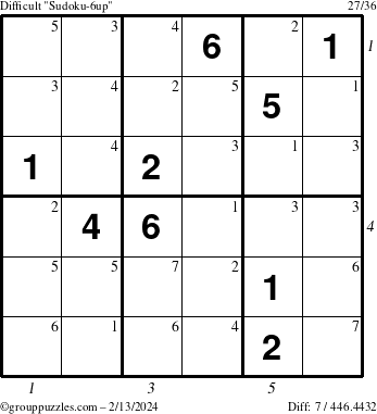 The grouppuzzles.com Difficult Sudoku-6up puzzle for Tuesday February 13, 2024 with all 7 steps marked