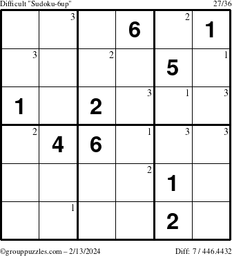 The grouppuzzles.com Difficult Sudoku-6up puzzle for Tuesday February 13, 2024 with the first 3 steps marked