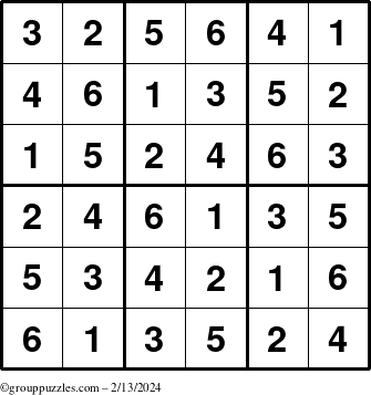The grouppuzzles.com Answer grid for the Sudoku-6up puzzle for Tuesday February 13, 2024