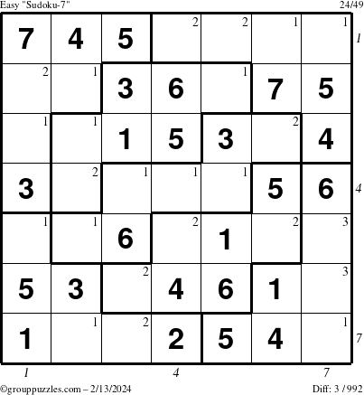The grouppuzzles.com Easy Sudoku-7 puzzle for Tuesday February 13, 2024 with all 3 steps marked