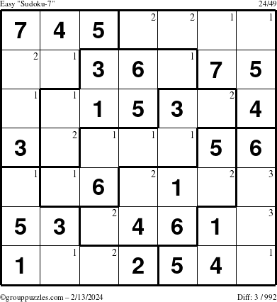 The grouppuzzles.com Easy Sudoku-7 puzzle for Tuesday February 13, 2024 with the first 3 steps marked