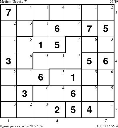 The grouppuzzles.com Medium Sudoku-7 puzzle for Tuesday February 13, 2024 with all 6 steps marked