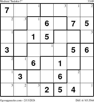 The grouppuzzles.com Medium Sudoku-7 puzzle for Tuesday February 13, 2024 with the first 3 steps marked