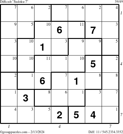 The grouppuzzles.com Difficult Sudoku-7 puzzle for Tuesday February 13, 2024 with all 11 steps marked