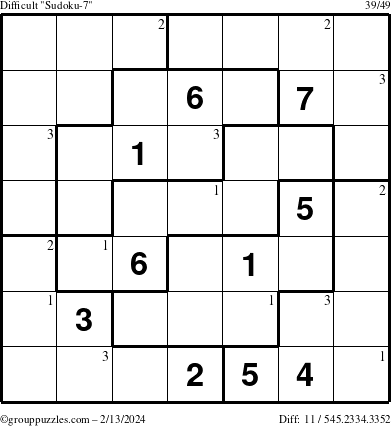 The grouppuzzles.com Difficult Sudoku-7 puzzle for Tuesday February 13, 2024 with the first 3 steps marked