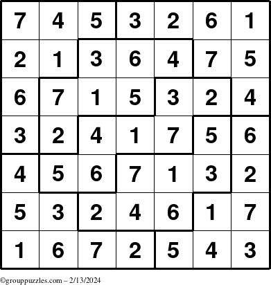 The grouppuzzles.com Answer grid for the Sudoku-7 puzzle for Tuesday February 13, 2024