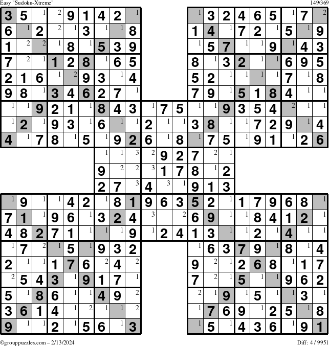 The grouppuzzles.com Easy Sudoku-Xtreme puzzle for Tuesday February 13, 2024 with the first 3 steps marked