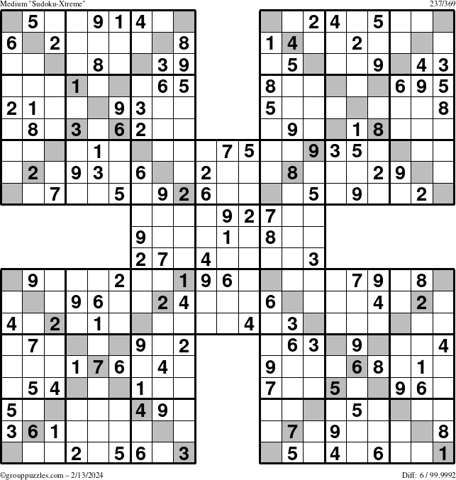 The grouppuzzles.com Medium Sudoku-Xtreme puzzle for Tuesday February 13, 2024
