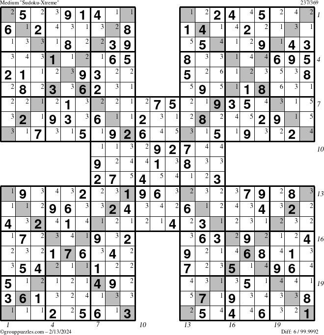 The grouppuzzles.com Medium Sudoku-Xtreme puzzle for Tuesday February 13, 2024 with all 6 steps marked