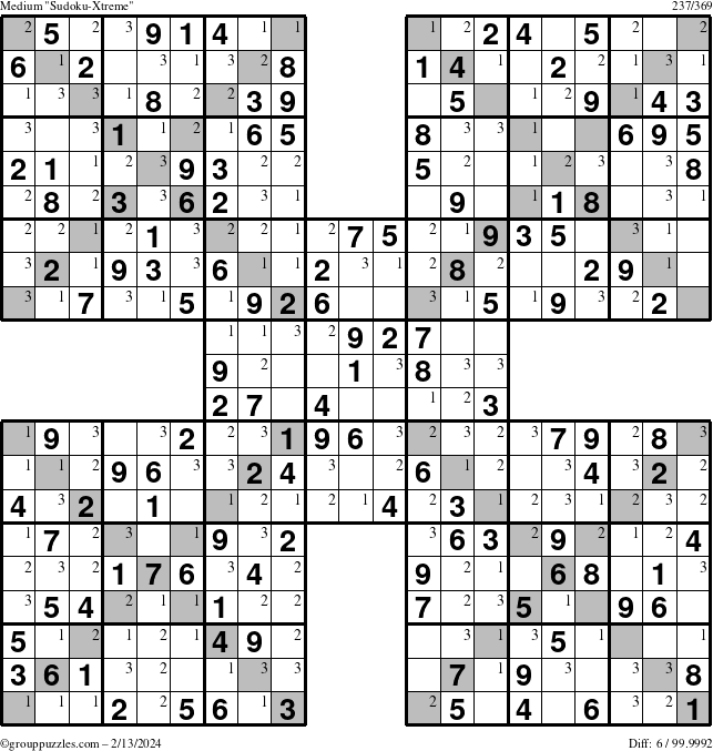 The grouppuzzles.com Medium Sudoku-Xtreme puzzle for Tuesday February 13, 2024 with the first 3 steps marked