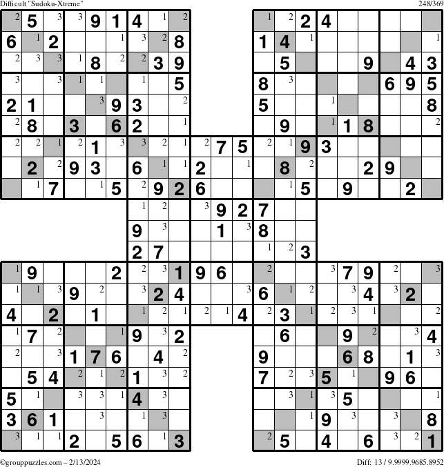 The grouppuzzles.com Difficult Sudoku-Xtreme puzzle for Tuesday February 13, 2024 with the first 3 steps marked
