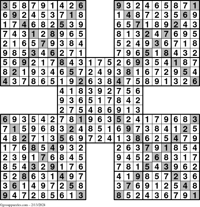 The grouppuzzles.com Answer grid for the Sudoku-Xtreme puzzle for Tuesday February 13, 2024