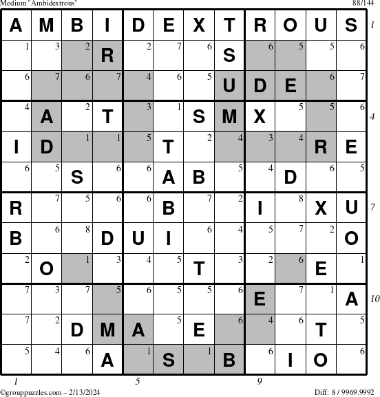 The grouppuzzles.com Medium Ambidextrous puzzle for Tuesday February 13, 2024 with all 8 steps marked