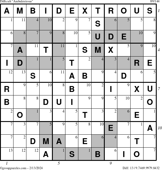 The grouppuzzles.com Difficult Ambidextrous puzzle for Tuesday February 13, 2024 with all 13 steps marked