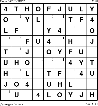 The grouppuzzles.com Easiest 4THOFJULY puzzle for  with the first 2 steps marked