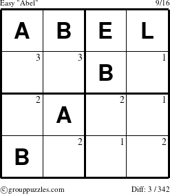The grouppuzzles.com Easy Abel puzzle for  with the first 3 steps marked