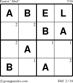 The grouppuzzles.com Easiest Abel puzzle for  with the first 2 steps marked