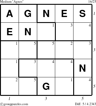 The grouppuzzles.com Medium Agnes puzzle for  with all 5 steps marked