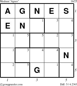 The grouppuzzles.com Medium Agnes puzzle for , suitable for printing, with all 5 steps marked