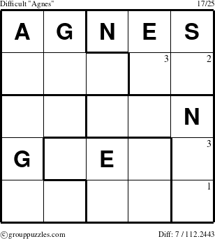 The grouppuzzles.com Difficult Agnes puzzle for  with the first 3 steps marked