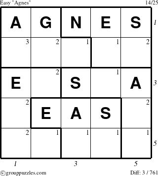 The grouppuzzles.com Easy Agnes puzzle for , suitable for printing, with all 3 steps marked