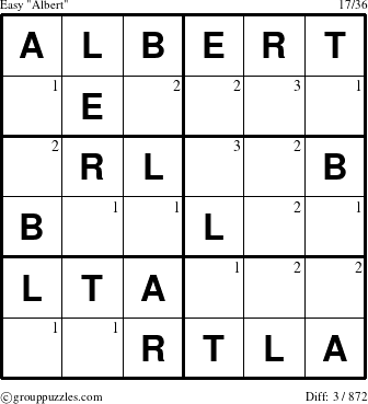 The grouppuzzles.com Easy Albert puzzle for  with the first 3 steps marked