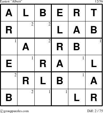 The grouppuzzles.com Easiest Albert puzzle for  with the first 2 steps marked