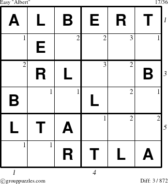 The grouppuzzles.com Easy Albert puzzle for  with all 3 steps marked