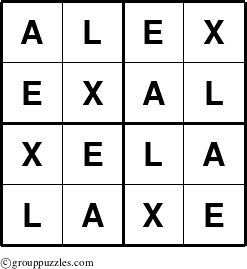The grouppuzzles.com Answer grid for the Alex puzzle for 