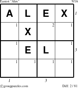 The grouppuzzles.com Easiest Alex puzzle for , suitable for printing, with all 2 steps marked