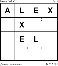 The grouppuzzles.com Easiest Alex puzzle for  with the first 2 steps marked