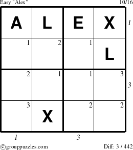 The grouppuzzles.com Easy Alex puzzle for , suitable for printing, with all 3 steps marked