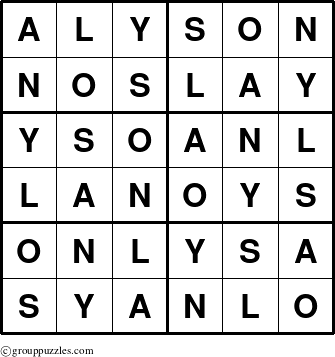 The grouppuzzles.com Answer grid for the Alyson puzzle for 