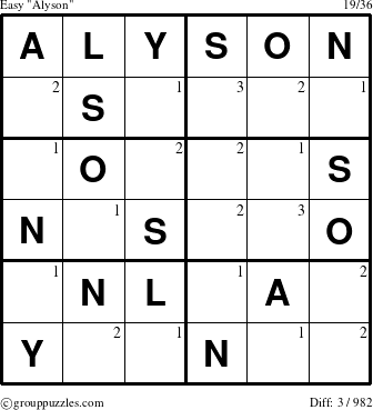 The grouppuzzles.com Easy Alyson puzzle for  with the first 3 steps marked