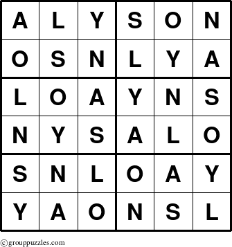 The grouppuzzles.com Answer grid for the Alyson puzzle for 