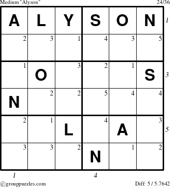 The grouppuzzles.com Medium Alyson puzzle for , suitable for printing, with all 5 steps marked