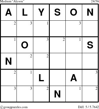 The grouppuzzles.com Medium Alyson puzzle for  with the first 3 steps marked