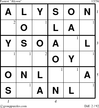 The grouppuzzles.com Easiest Alyson puzzle for  with all 2 steps marked