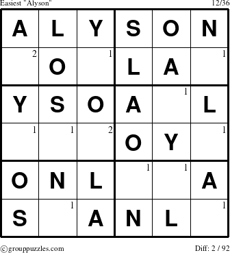 The grouppuzzles.com Easiest Alyson puzzle for  with the first 2 steps marked