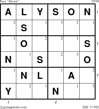 The grouppuzzles.com Easy Alyson puzzle for , suitable for printing, with all 3 steps marked