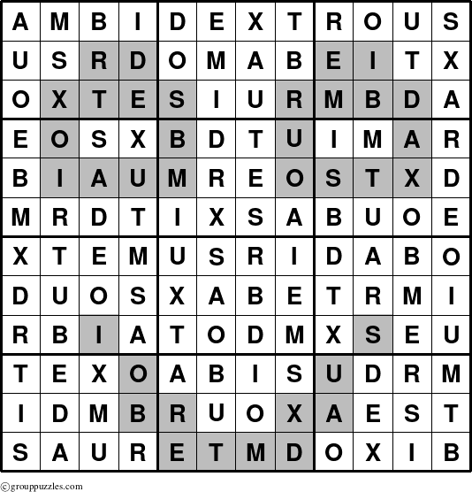 The grouppuzzles.com Answer grid for the Ambidextrous puzzle for 