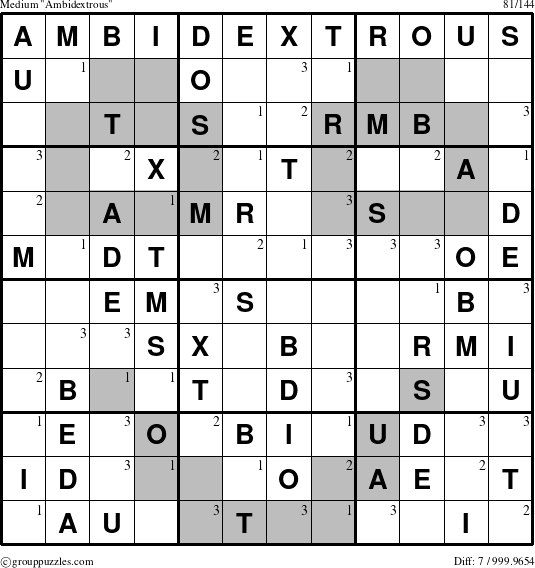 The grouppuzzles.com Medium Ambidextrous puzzle for  with the first 3 steps marked
