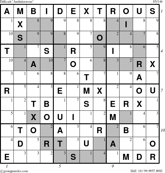 The grouppuzzles.com Difficult Ambidextrous puzzle for  with all 10 steps marked