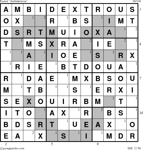 The grouppuzzles.com Easiest Ambidextrous puzzle for , suitable for printing, with all 2 steps marked