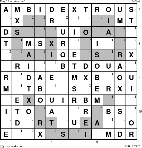 The grouppuzzles.com Easy Ambidextrous puzzle for , suitable for printing, with all 3 steps marked